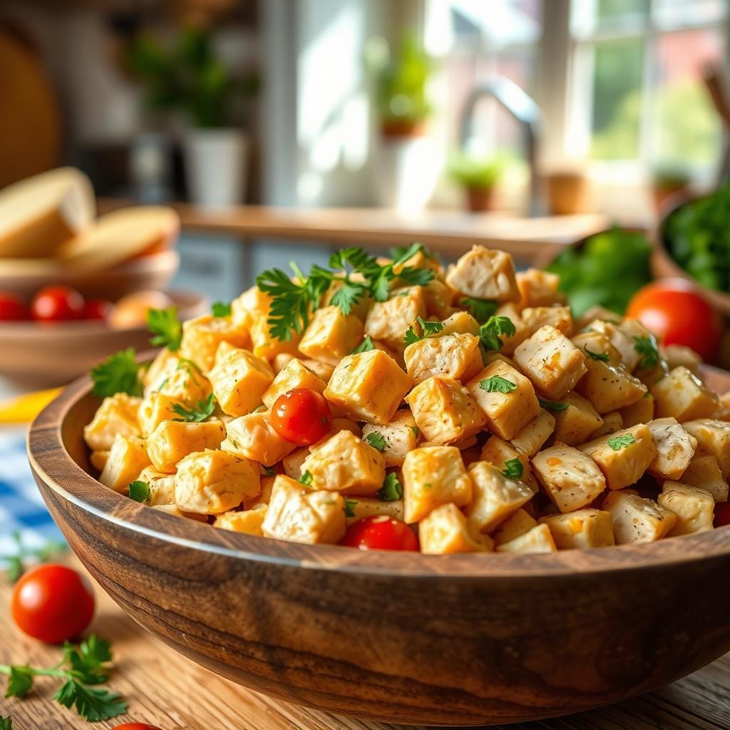 Diced chicken in a bowl