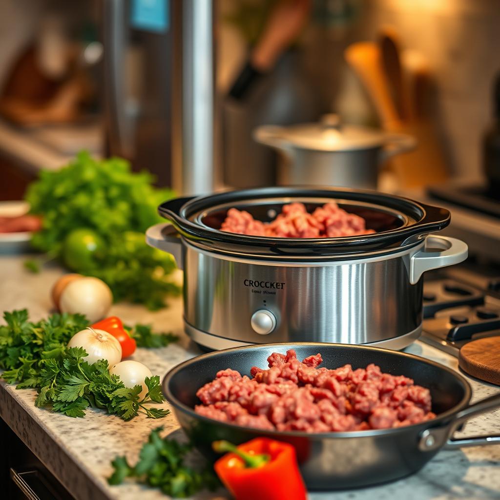 Do you have to brown ground beef before putting in a crock pot?